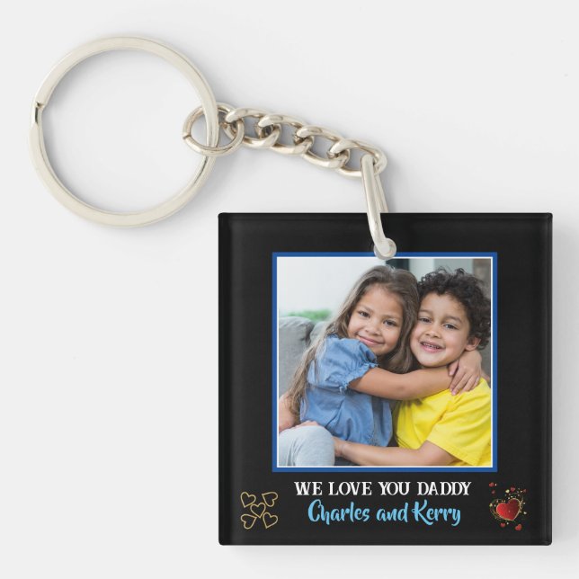 Elegant Black & Gold We Love You Daddy Photo Keychain (Front)