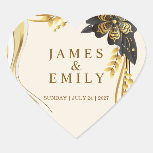 Elegant Black & Gold Wedding Heart Sticker