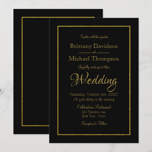 Elegant Black Gold Wedding Invitation (Front/Back)