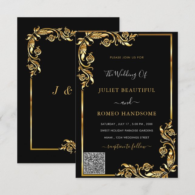 Elegant Black Gold Wedding Invitation with QR Code (Front/Back)