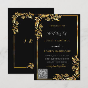 Elegant Black Gold Wedding Invitation with QR Code