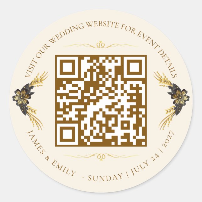 Elegant Black & Gold Wedding QR code Classic Round Sticker (Front)