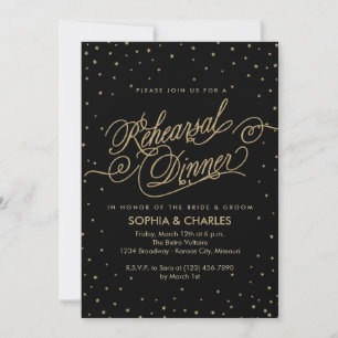 Elegant Black & Gold Wedding Rehearsal Dinner Invitation