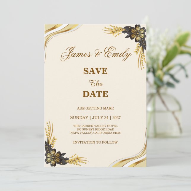 Elegant Black & Gold Wedding Save The Date (Standing Front)