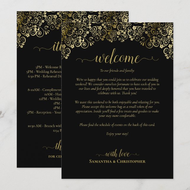 Elegant Black & Gold Wedding Welcome & Itinerary Program (Front/Back)
