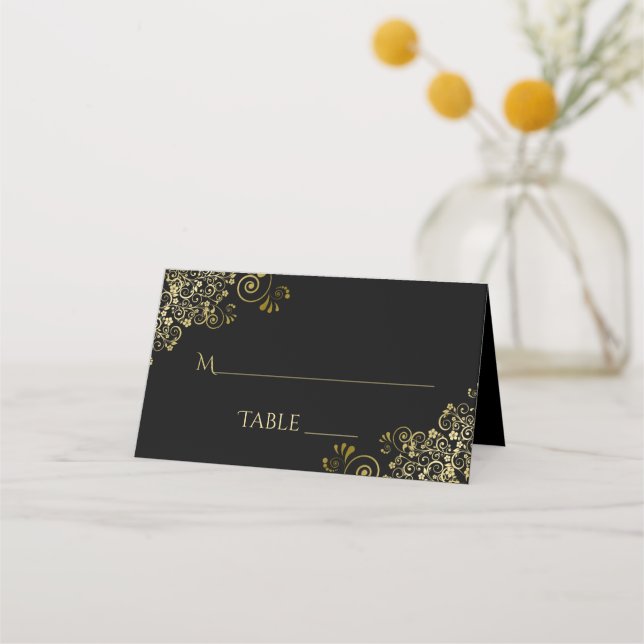 Elegant Black & Gold Wedding Write-In Place Card (Back)