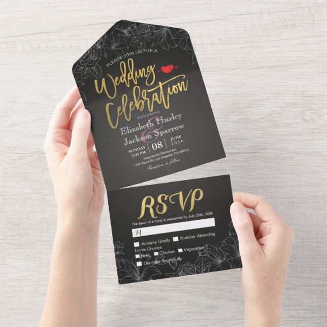 Elegant Black Gold White Floral Frame Wedding RSVP All In One Invitation (Tearaway)