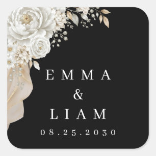 Elegant Black Gold White Rose Wedding Square  Sticker