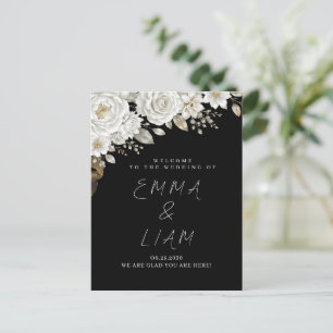 Elegant Black Gold White Rose Wedding Welcome Postcard