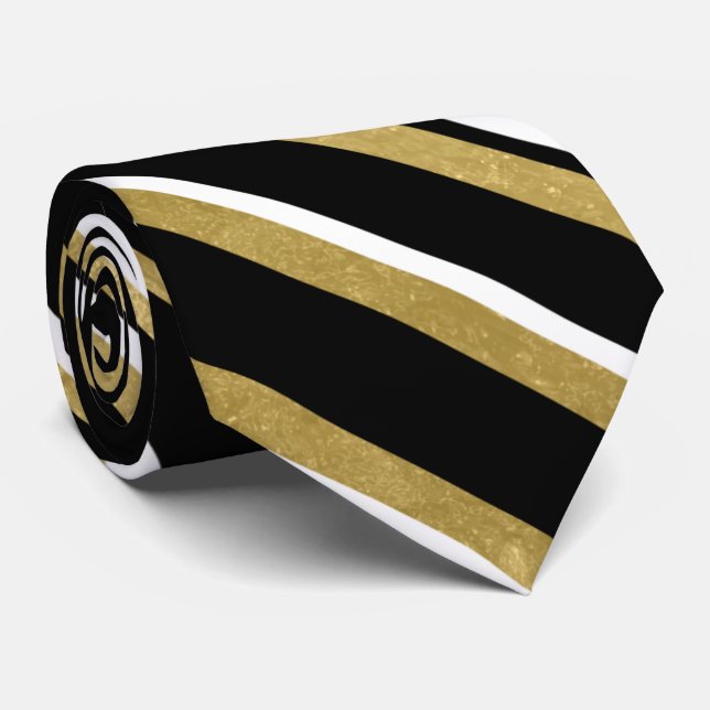 elegant black gold white stripe tile pattern tie (Rolled)