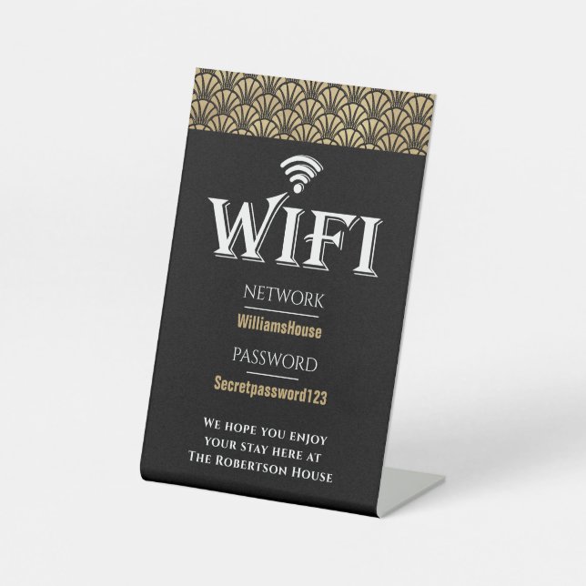 Elegant Black Gold Wifi Password Network Pedestal Sign (Front)