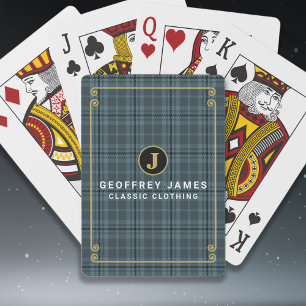 Elegant Black Gold Windowpane Check Monogram Name Playing Cards