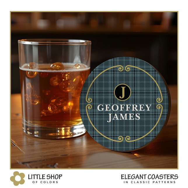 Elegant Black Gold Windowpane Check Monogram Round Paper Coaster (Creator Uploaded)