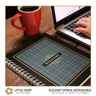 Elegant Black Gold Windowpane Check Monogrammed Notebook