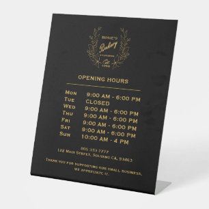 Elegant Black Gold Wreath Bakery Logo   Hours Pedestal Sign