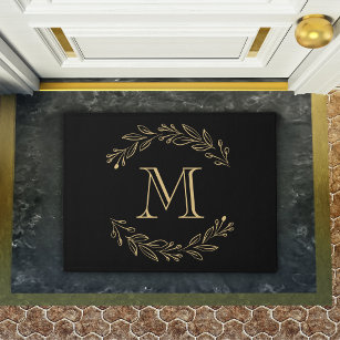 Elegant Black Gold Wreath Family Initial Monogram Doormat