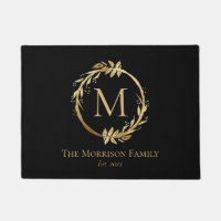 Elegant Black Gold Wreath Family Name Monogram