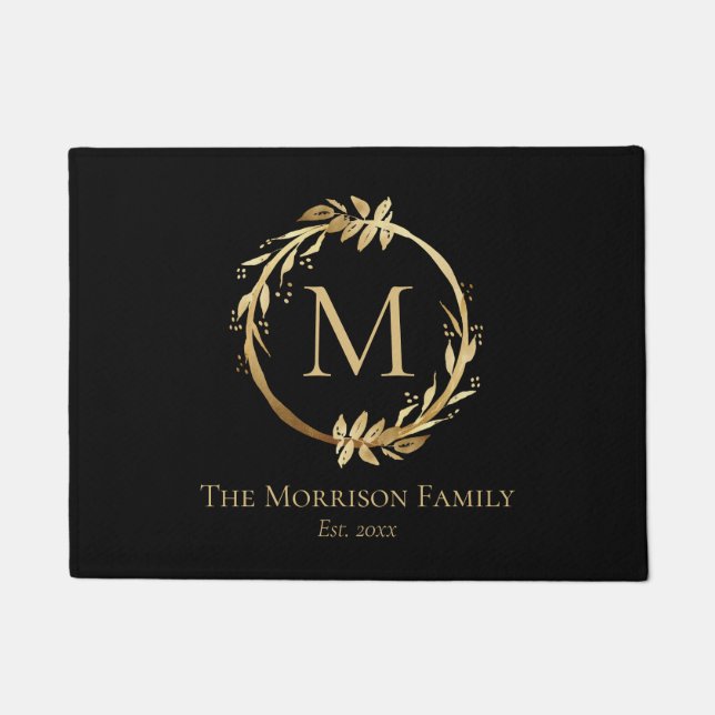 Elegant Black Gold Wreath Family Name Monogram Doormat (Front)
