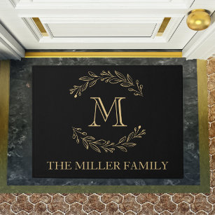 Elegant Black Gold Wreath Family Name Monogram Doormat