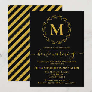 Elegant Black Gold Wreath Monogram House Warming Announcement