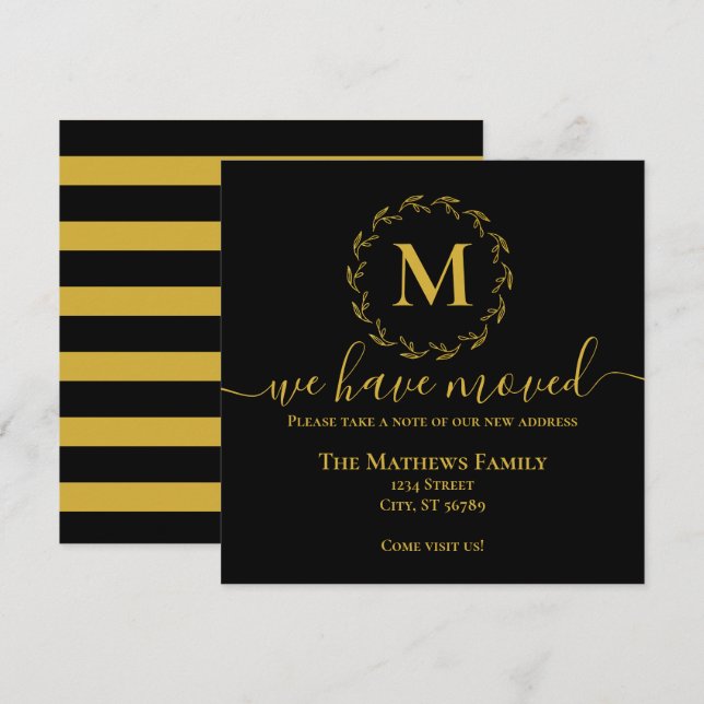 Elegant Black Gold Wreath Monogram We've Moved Announcement (Front/Back)