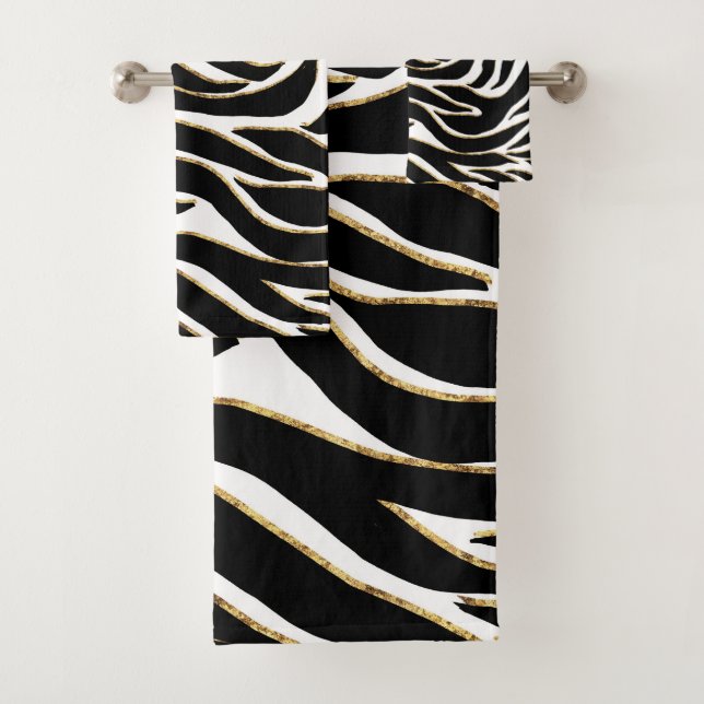 Elegant Black Gold Zebra White Animal Print Bath Towel Set (Insitu)