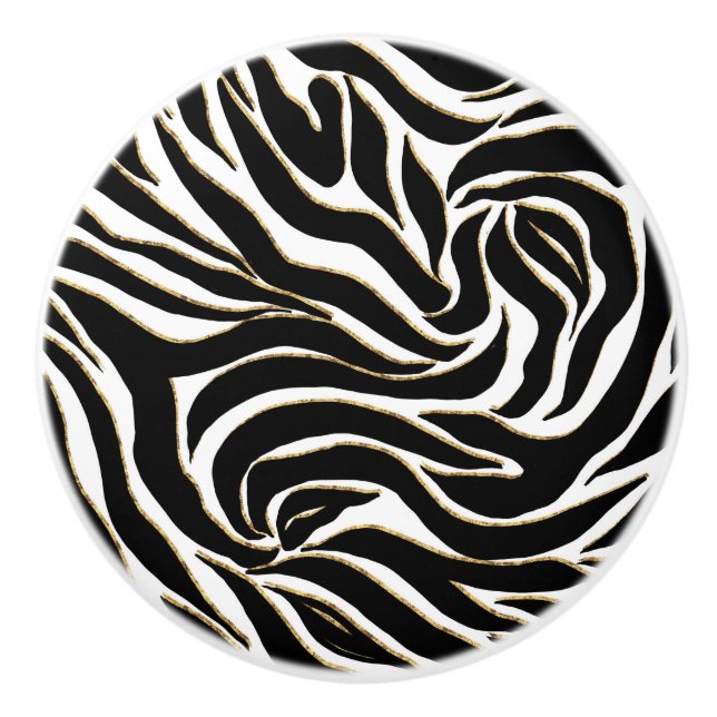 Elegant Black Gold Zebra White Animal Print Ceramic Knob (Front)