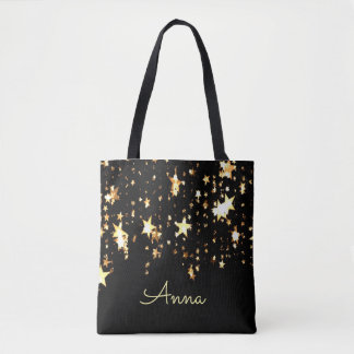 Elegant, Black, Golden stars, Personalized Tote Bag