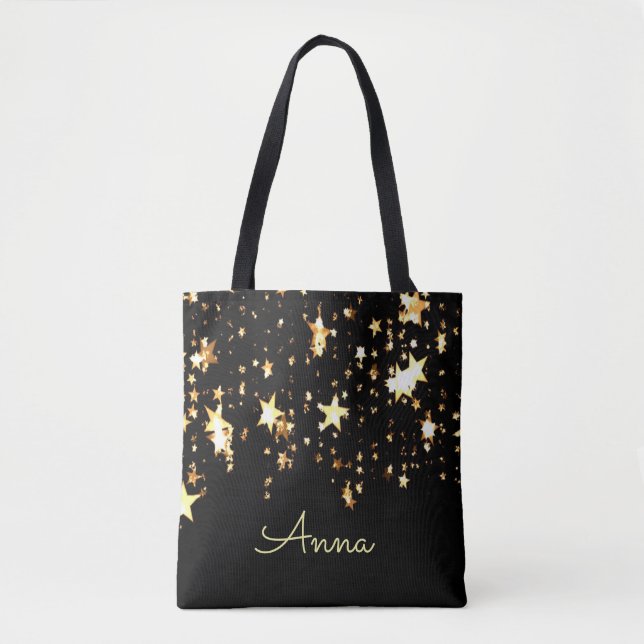 Elegant, Black, Golden stars, Personalized Tote Bag (Front)