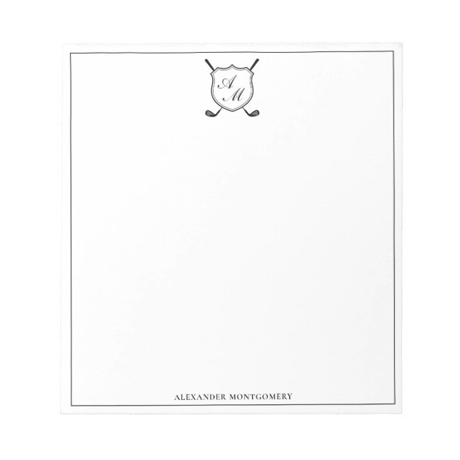 Elegant Black Golf Monogram Crest Notepad (Front)