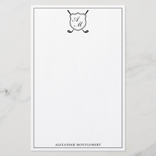 Elegant Black Golf Monogram Crest Stationery (Front)