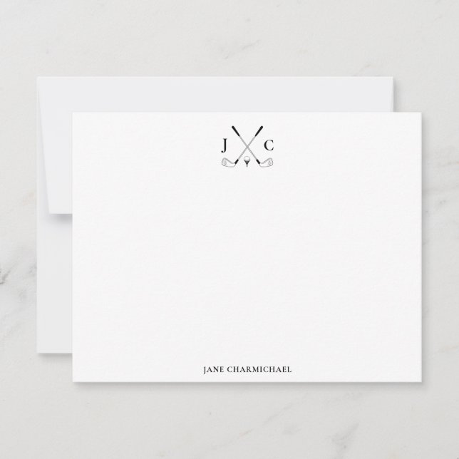 Elegant Black Golf Monogram Flat Note Card (Front)