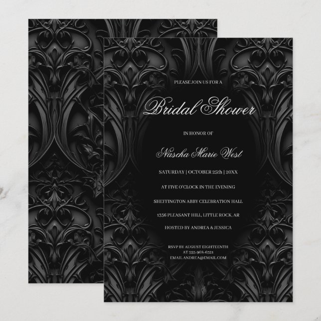 Elegant Black Gothic Damask Moody Bridal Shower Invitation (Front/Back)