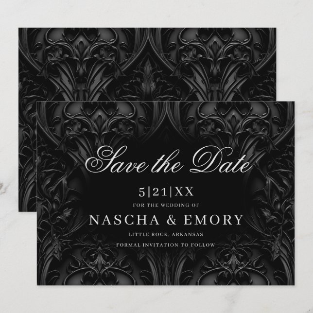 Elegant Black Gothic Damask Moody Wedding Save The Date (Front/Back)