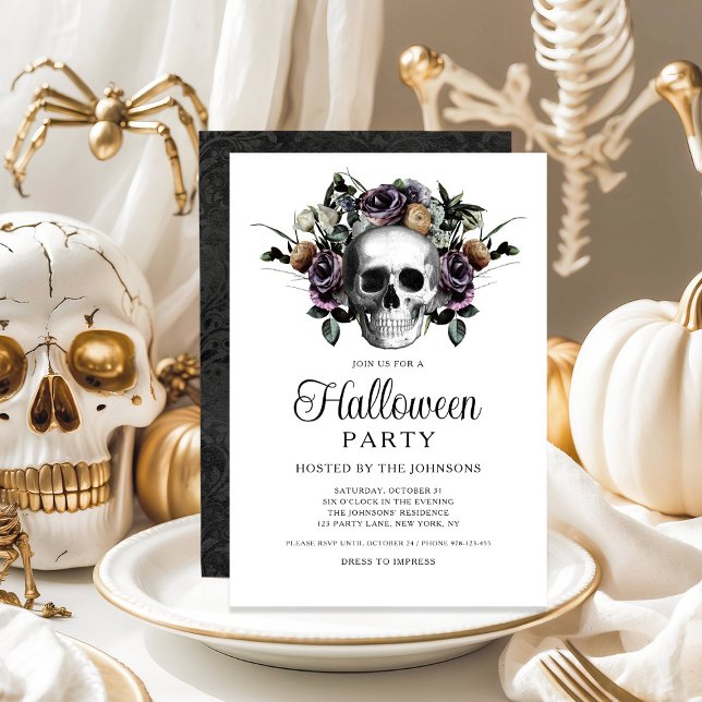 Elegant Black Gothic Floral Skull Halloween Invitation (Elegant Black Gothic Floral Skull Halloween Invitation)
