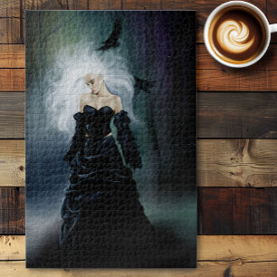 Elegant Black Gothic Mysterious Woman Ravens Mist Jigsaw Puzzle