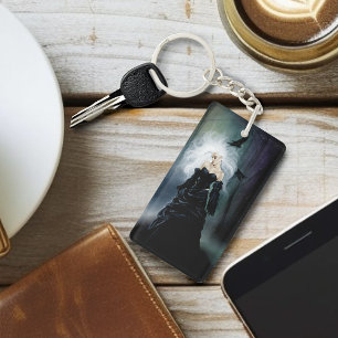 Elegant Black Gothic Mysterious Woman Ravens Mist Keychain