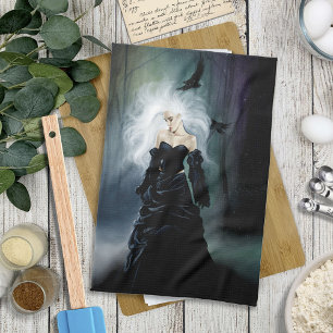 Elegant Black Gothic Mysterious Woman Ravens Mist Kitchen Towel