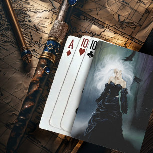 Elegant Black Gothic Mysterious Woman Ravens Mist Playing Cards