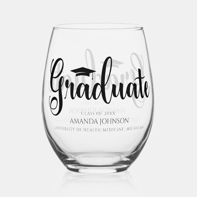 Elegant Black Graduate Name Graduation  Stemless Wine Glass (Front)