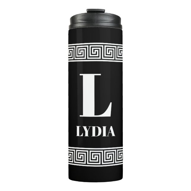 Elegant black greek key meander custom travel thermal tumbler (Front)