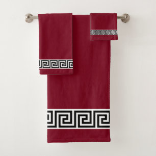 Elegant Black Greek Pattern on Burgundy Bath Towel