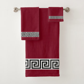 Elegant Black Greek Pattern on Burgundy Bath Towel
