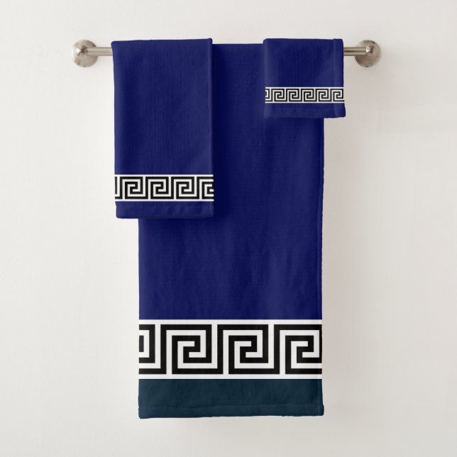 Elegant Black Greek Pattern on Dark Navy Blue Bath Towel Set (Insitu)