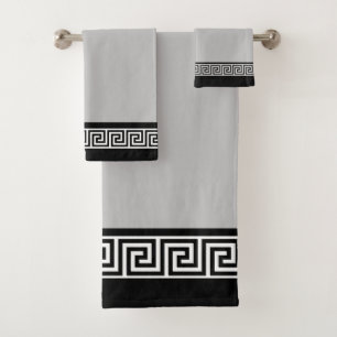 Elegant Black Greek Pattern on Light Grey & Black Bath Towel Set