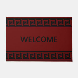 Elegant Black Greek Pattern on Maroon Doormat