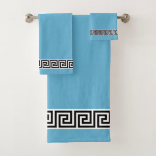 Elegant Black Greek Pattern on Teal Bath Towel Set