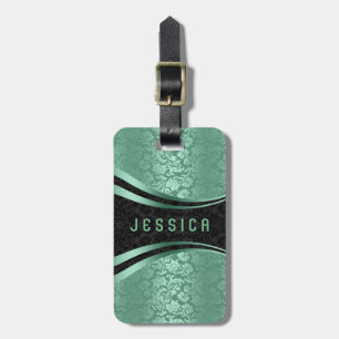 Elegant Black & Green Floral Damasks Pattern Luggage Tag