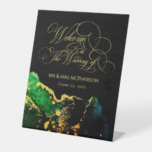 Elegant Black Green Gold Calligraphy Wedding Pedestal Sign