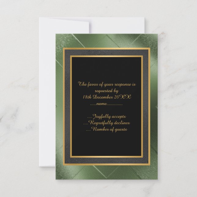 ELEGANT BLACK GREEN  GOLD EMBOSSED CUSTOM RSVP (Front)